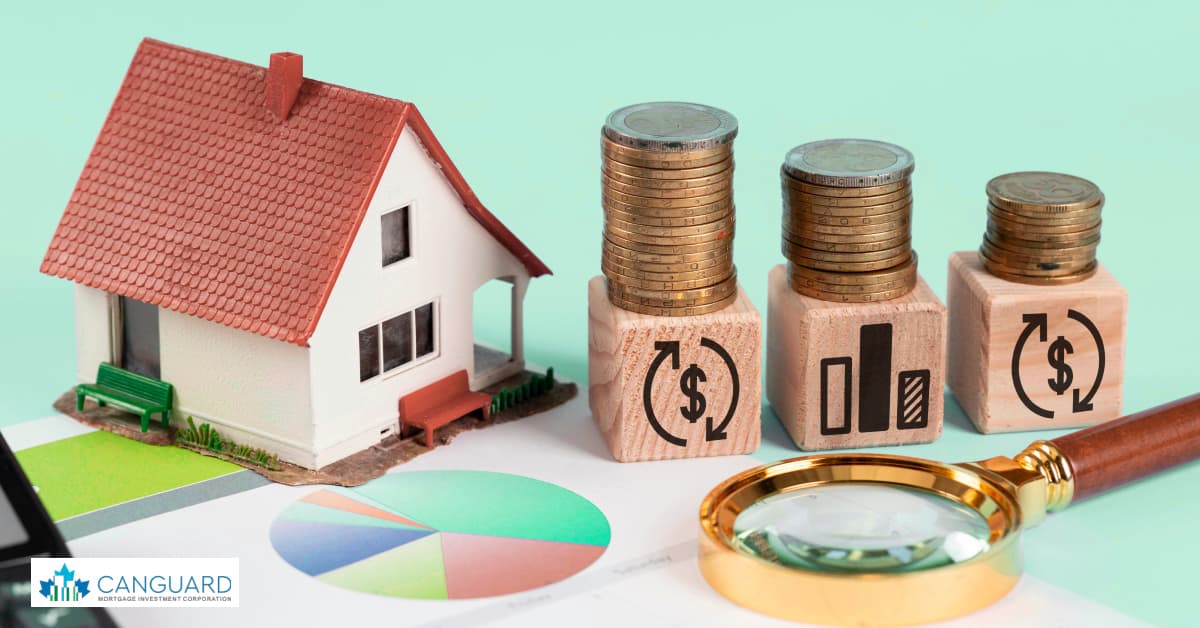 an image of a graph showing demand in the Canadian real estate market with a magnifying glass and a house model on it
