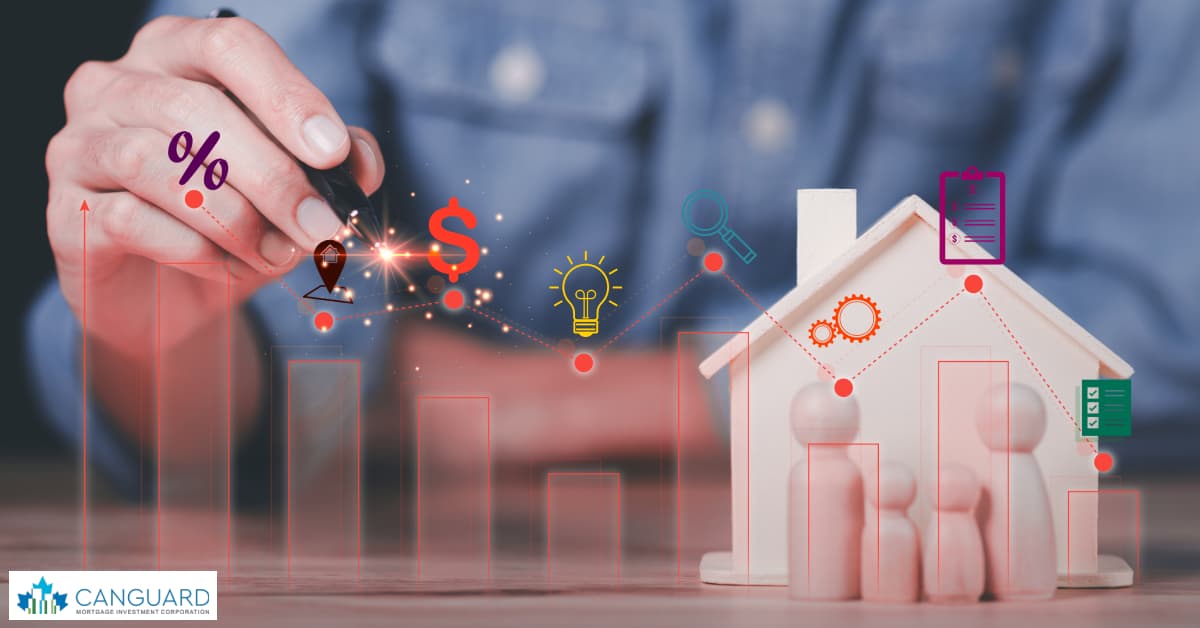 An image of a 3D house with a magnifying glass and icons on a blue background. Symbolizes market cycle and investment.