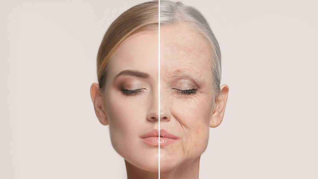 Beautiful woman before after skin ageing