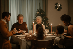 A family sits around a candlelit dinner table